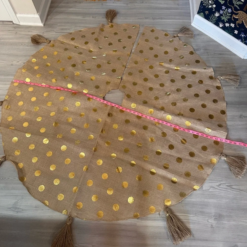Burlap Tree Skirt with Gold Polka Dots and Large Tassels